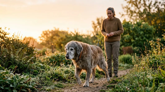 Senior Hund läuft morgens steif im Garten
