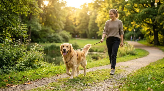 Hund und Besitzer bei einem entspannten Spaziergang im Park