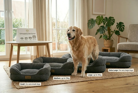 Hund steht neben Hundebetten in verschiedenen Größen zur Auswahl der richtigen Hundebett-Größe