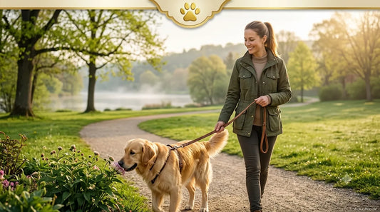 Hund und Besitzer bei einem entspannten Spaziergang im Park