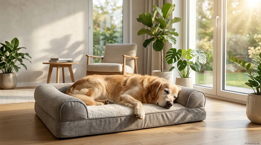 Senior Hund schläft entspannt auf einem orthopädischen Memory Foam Hundebett