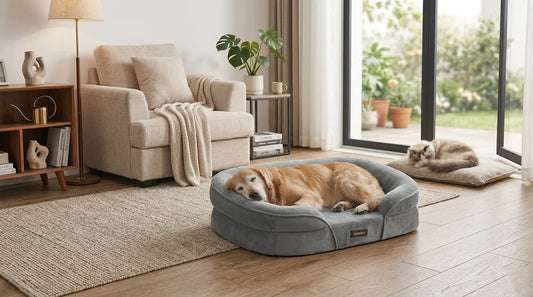 Älterer Golden Retriever entspannt auf einem orthopädischen Hundebett im Wohnzimmer
