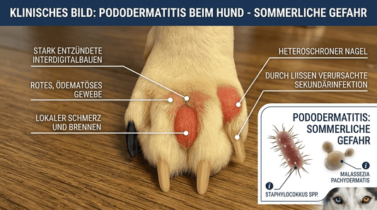 Ein Hundefuß mit starker Pododermatitis und entzündeten, roten Zehenzwischenräumen im Sommer.
