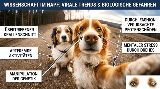 Zwei Hunde, ein Australian Shepherd und ein Border Collie, die ein Selfie auf einem Waldweg machen, illustrieren die biologischen Gefahren von viralen Trends im Artikel 'Wissenschaft im Napf'.