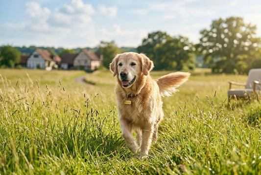 Hund laeuft durch hohes Gras waehrend der Zeckensaison
