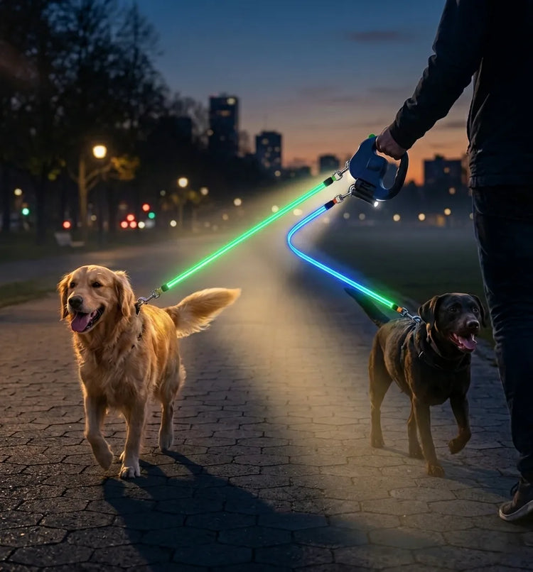 Einziehbare Hundeleine mit LED Licht und robustes Hundehalsband