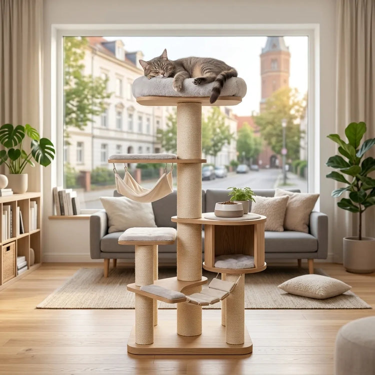 Stabiler Kratzbaum mit Sisalstämmen und gemütlicher Hängematte für Katzen