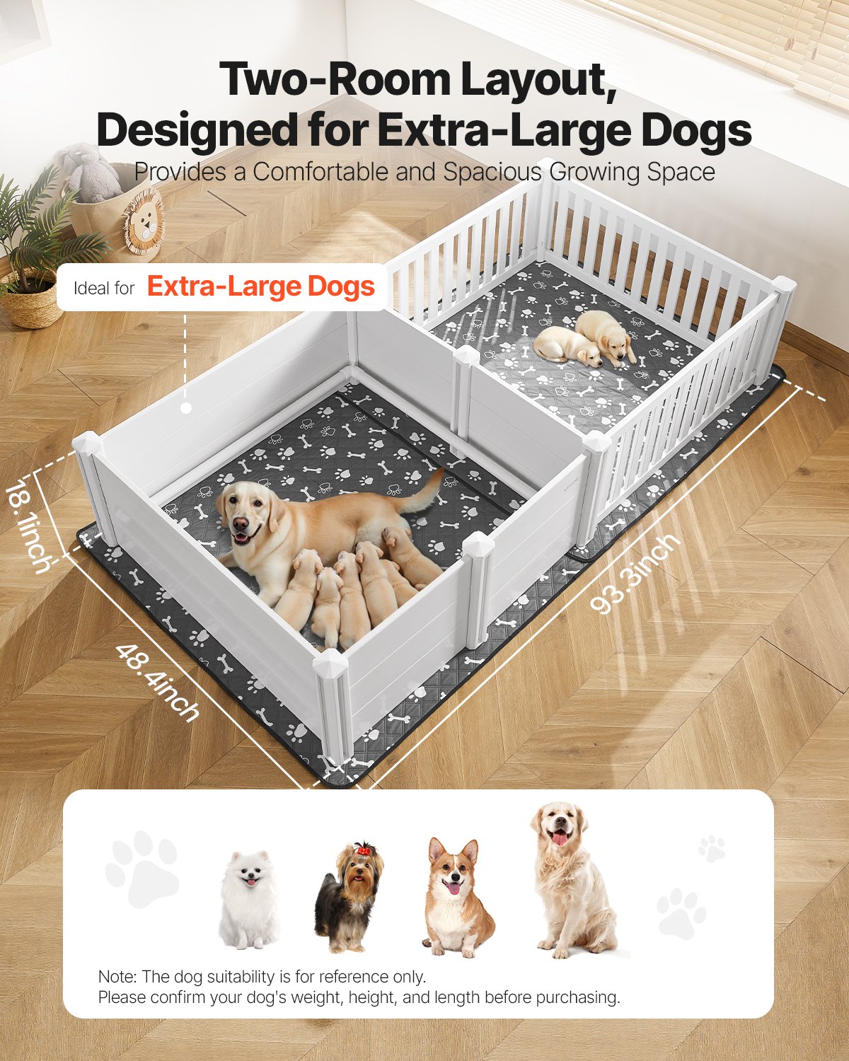 Wurfkiste für Hunde 237×123×46 cm – XXL PVC Welpenkiste mit 2‑Raum‑Layout & Waschbarer Unterlage