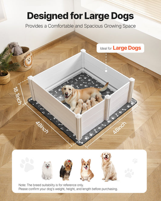 Wurfkiste für Hunde 122×122×46 cm – Großer Welpenlaufstall aus PVC mit Tür & Waschbarer Unterlage