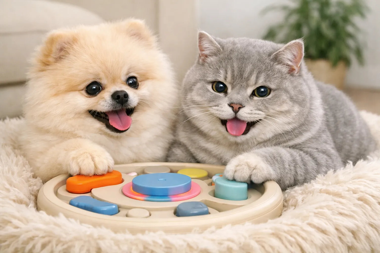 Pomeranian und Britisch Kurzhaar Katze spielen mit interaktivem Haustierspielzeug